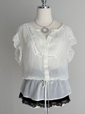 LOFT White Lace-Trim Button Front Peasant Blouse